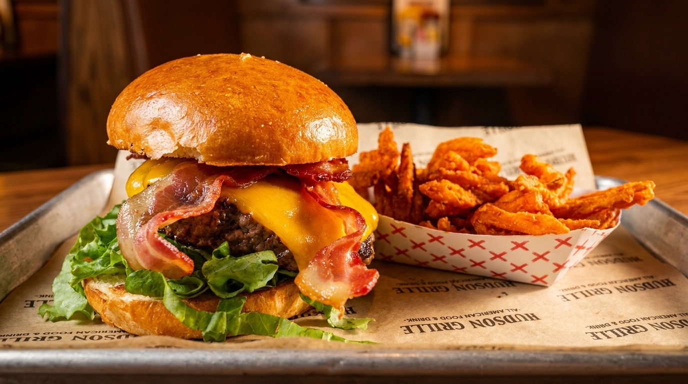 Bacon cheeseburger with melted cheese, lettuce, and sweet potato fries on a Hudson Grille tray.