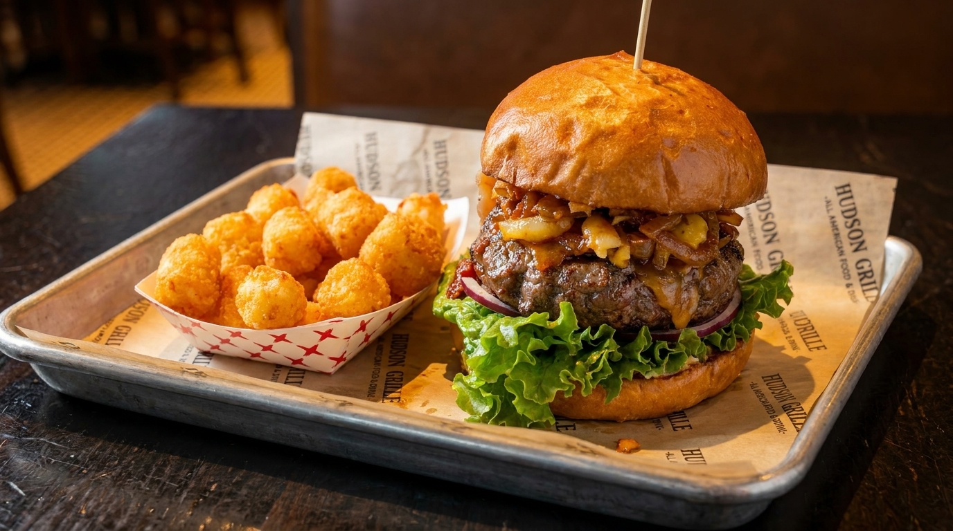 A Hudson Grille burger with caramelized onions, cheese, lettuce, and tater tots on a tray.