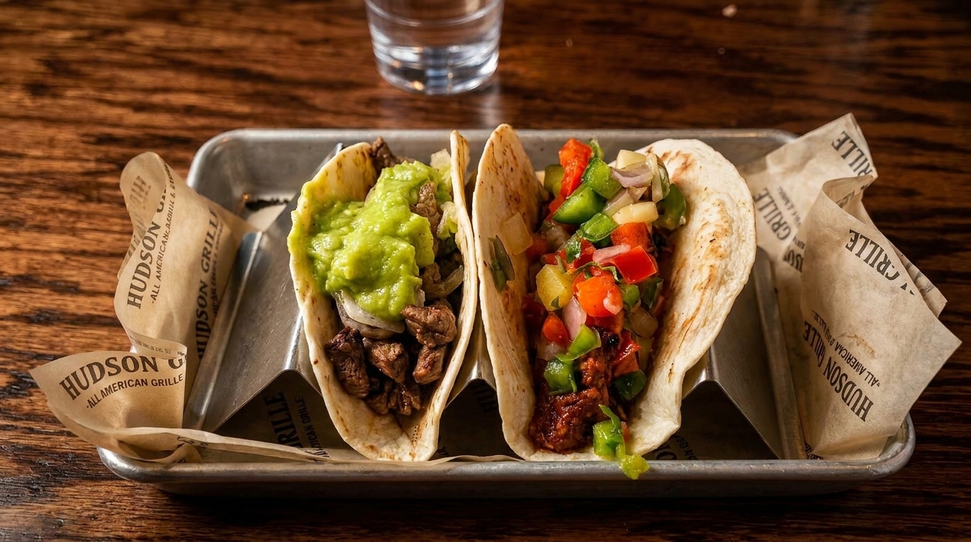 Two tacos, one with guacamole and steak, the other with colorful salsa, on a Hudson Grille tray.