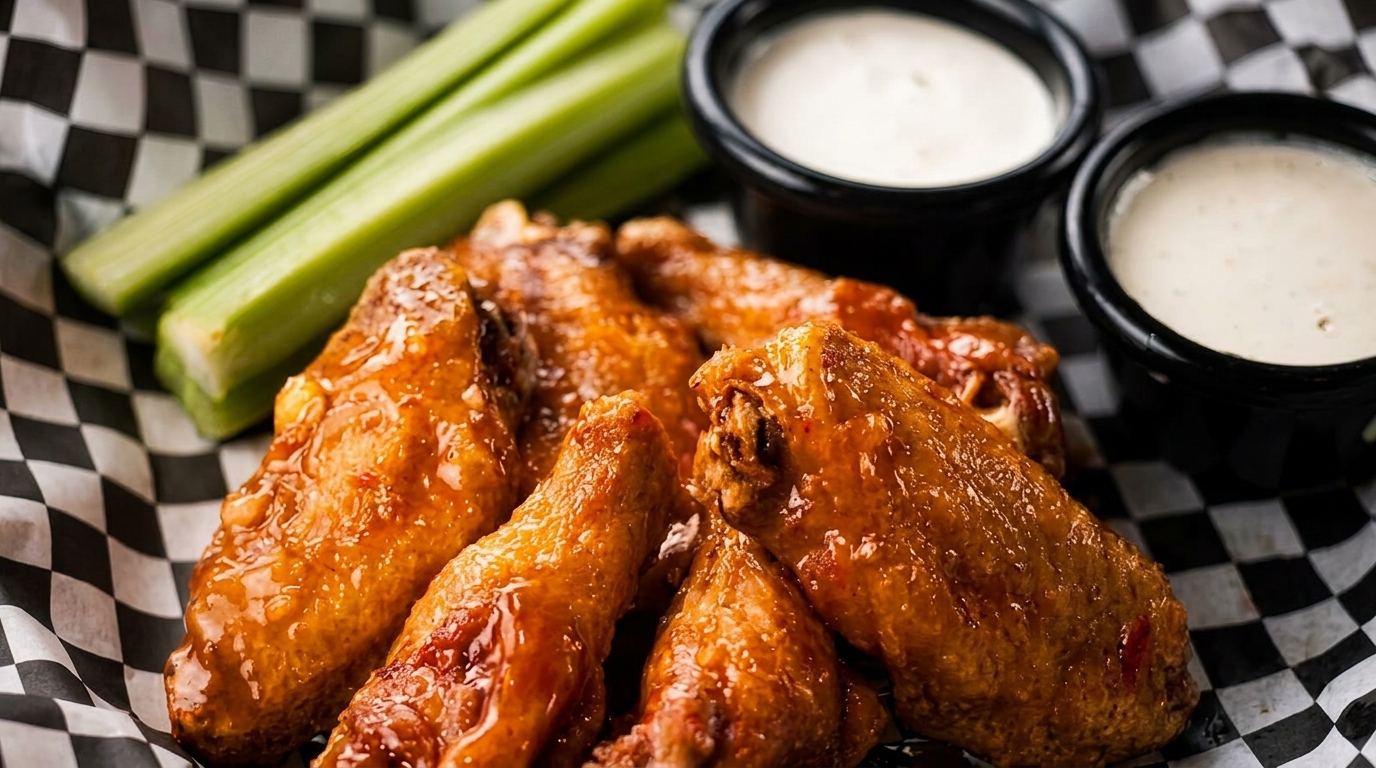 Glazed chicken wings with celery sticks and two dipping sauces on checkered paper.