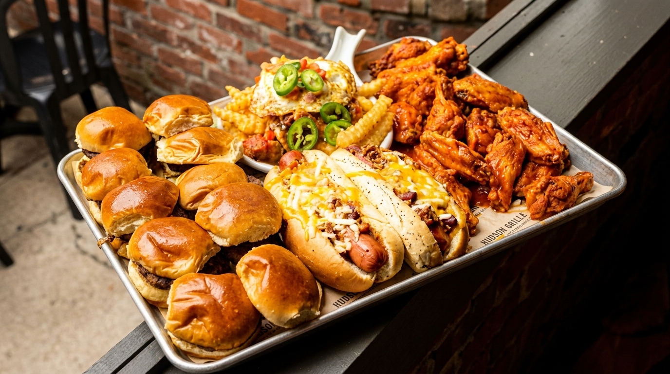 A tray of sliders, hot dogs, chili cheese fries, and buffalo wings on a rustic brick background.