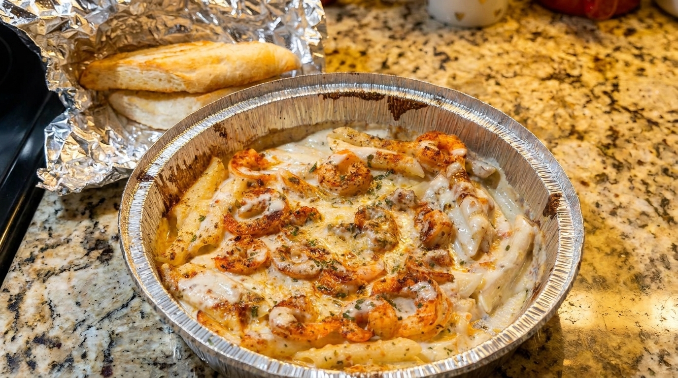 Shrimp pasta in a foil container with garlic bread wrapped in foil on a granite countertop.