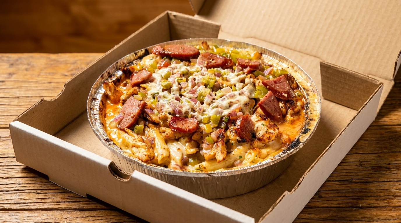 Baked pasta with chicken, sausage, peppers, and cheese in a foil pan inside a pizza box.