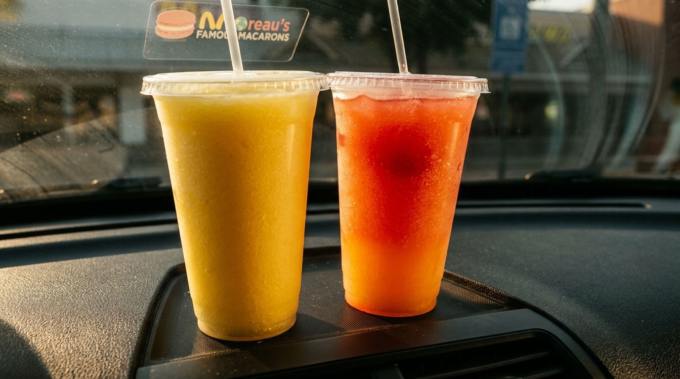 Two Moreau's Famous Macarons frozen drinks, one yellow and one red, sit on a car dashboard.