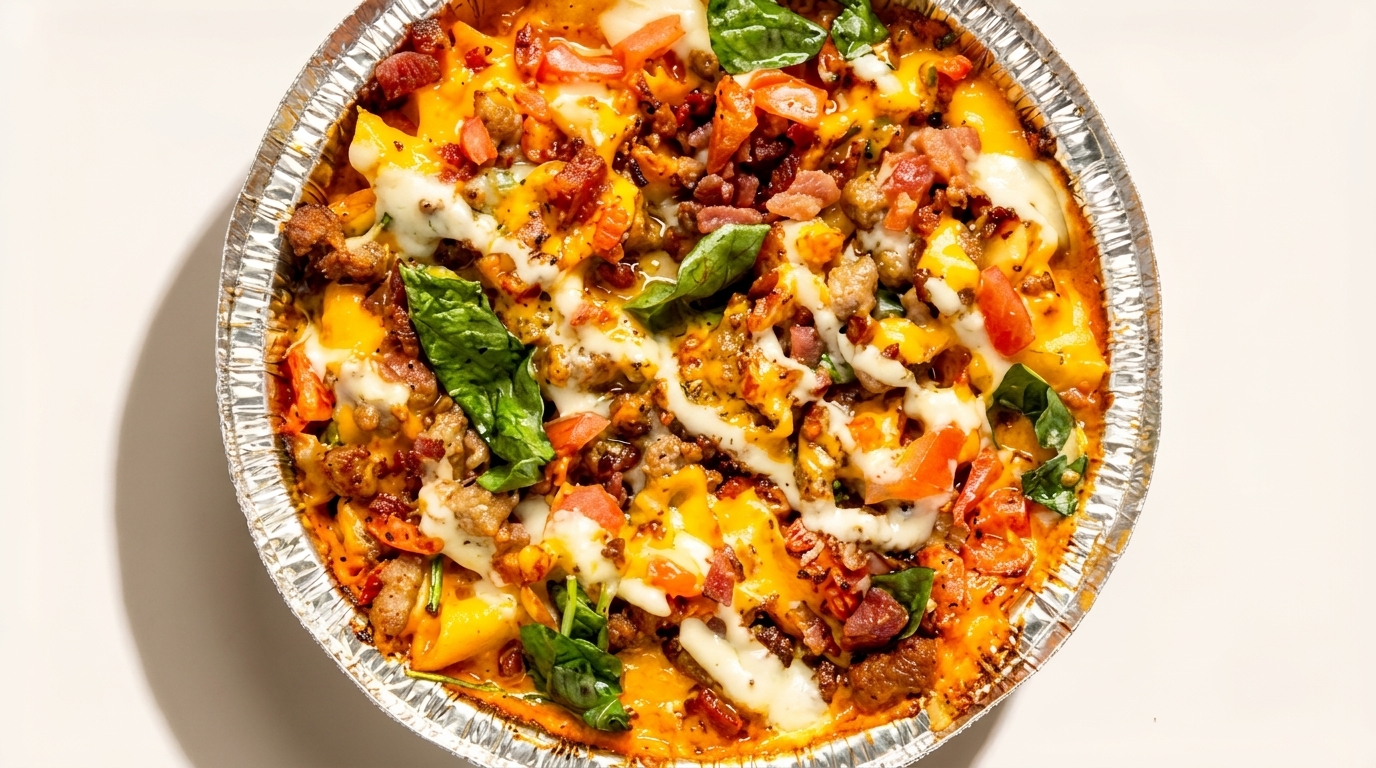 A foil pan filled with baked pasta, melted cheese, bacon, sausage, tomatoes, and spinach.