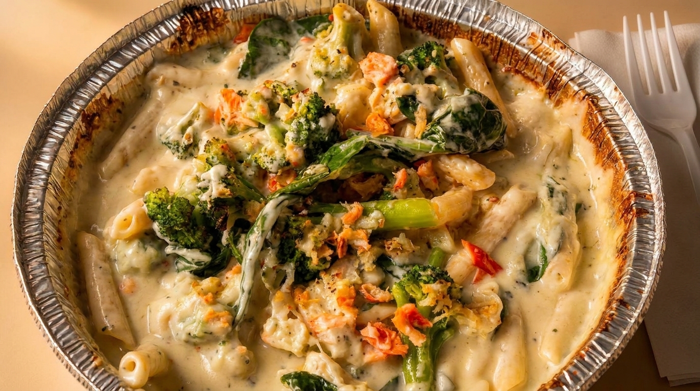 Creamy pasta with broccoli, spinach, and salmon in a foil takeout container.
