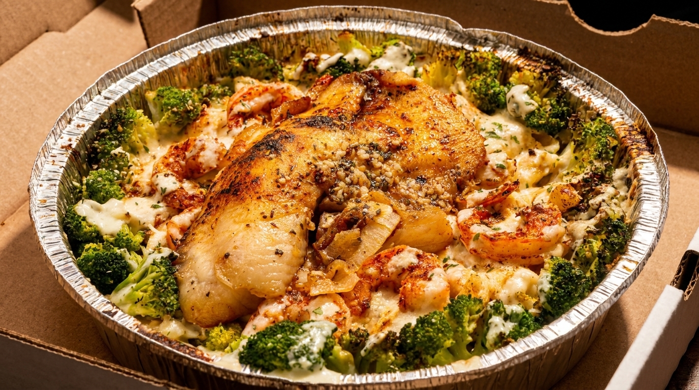 Baked chicken and shrimp with broccoli and cheese sauce in a foil pan inside a cardboard box.