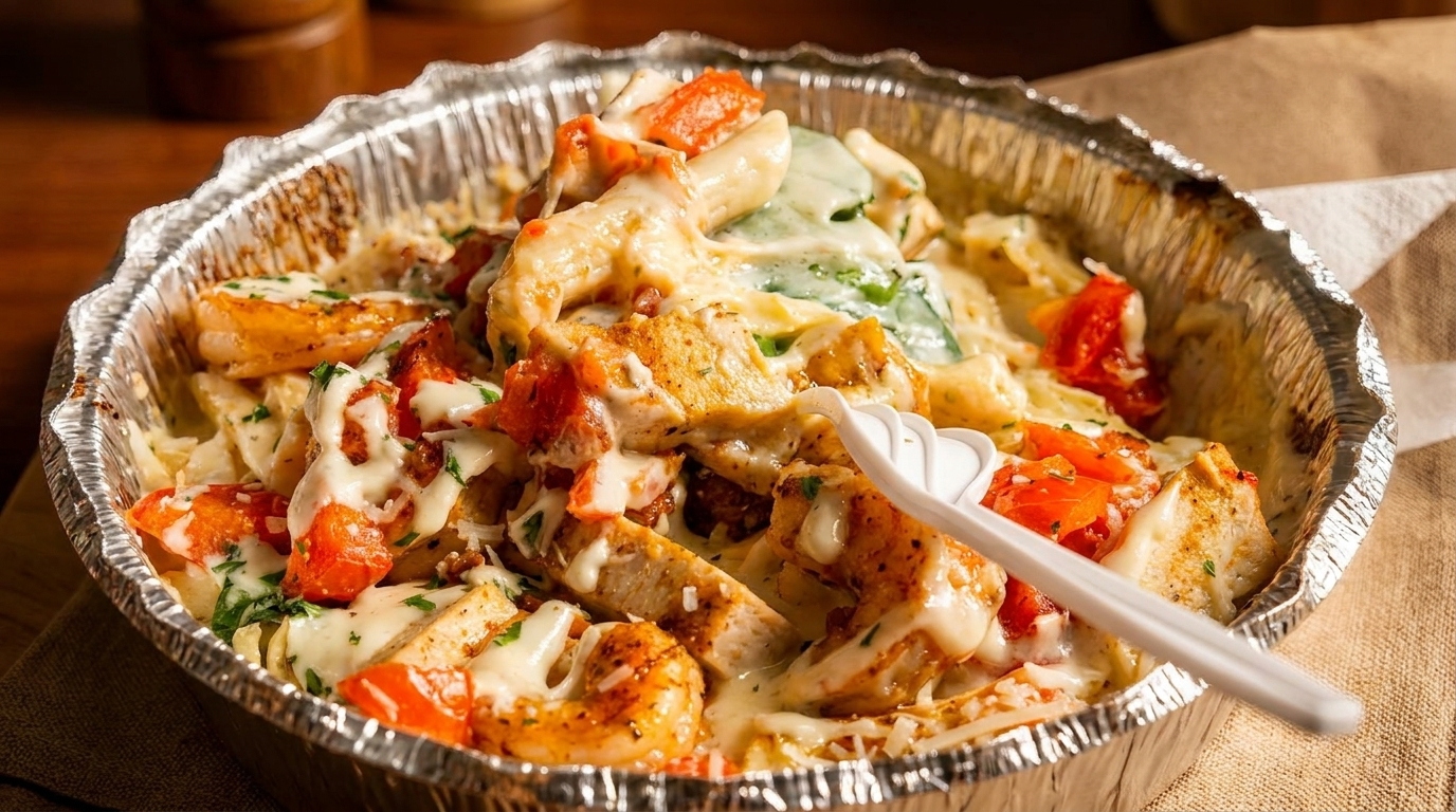 Creamy pasta with chicken, shrimp, tomatoes, and spinach in a foil takeout container.