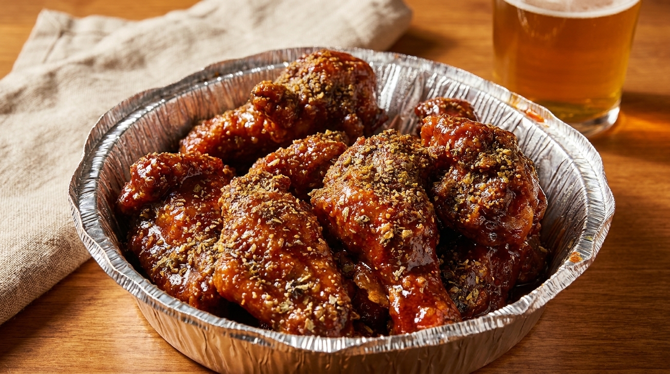 A foil container of saucy, seasoned chicken wings with a glass of beer and a napkin in the background.
