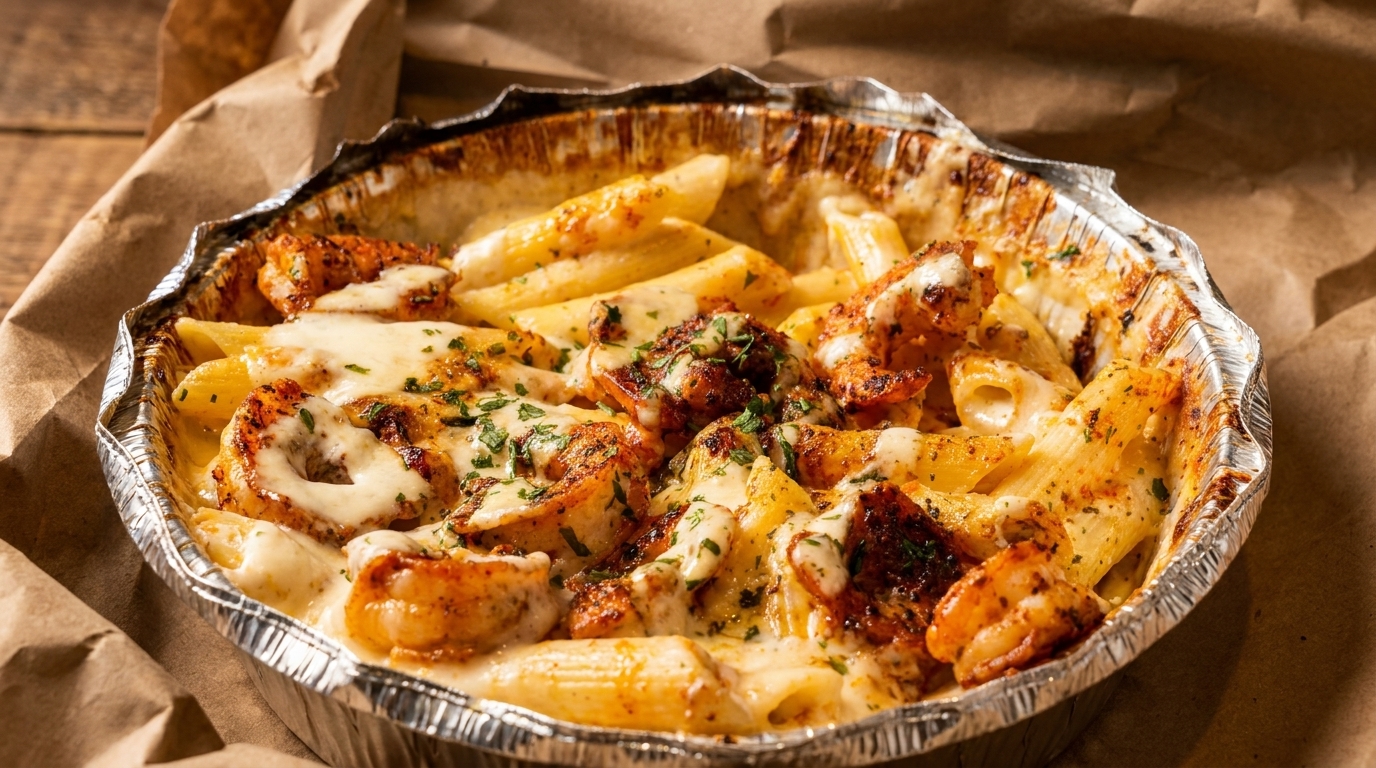 Baked penne pasta with shrimp and melted cheese in a foil container on brown paper.
