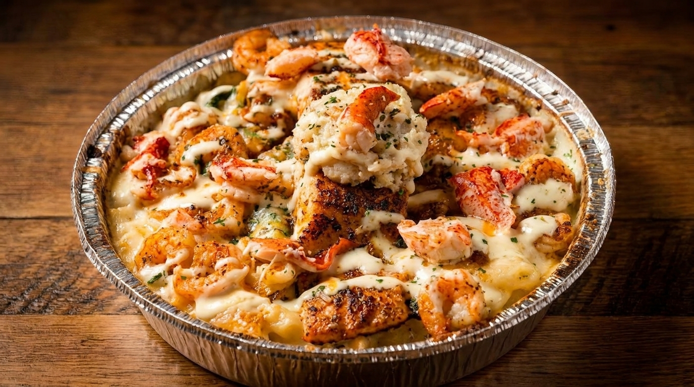 Seafood mac and cheese with shrimp, lobster, and fish in a foil pan on a wooden table.