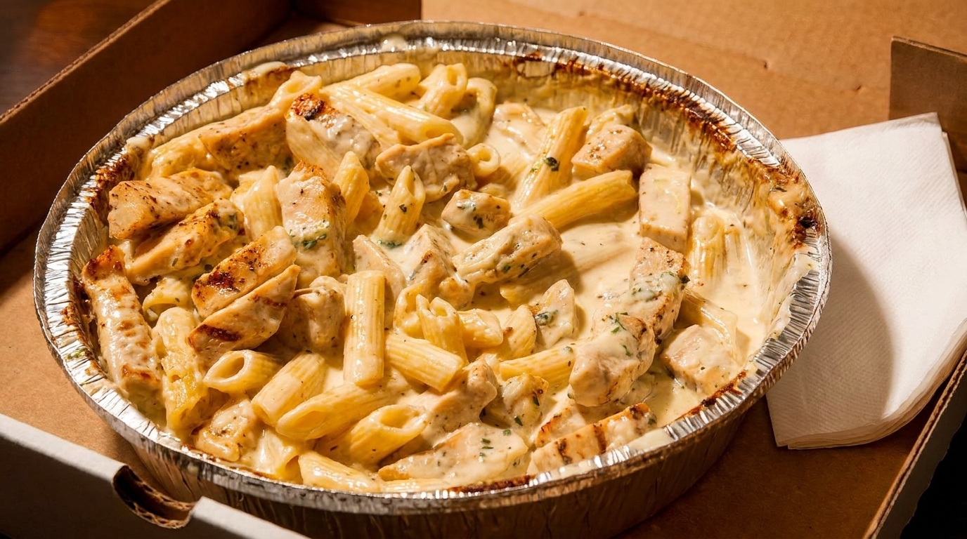 Creamy chicken penne pasta in a foil takeout container, with a napkin on the side.