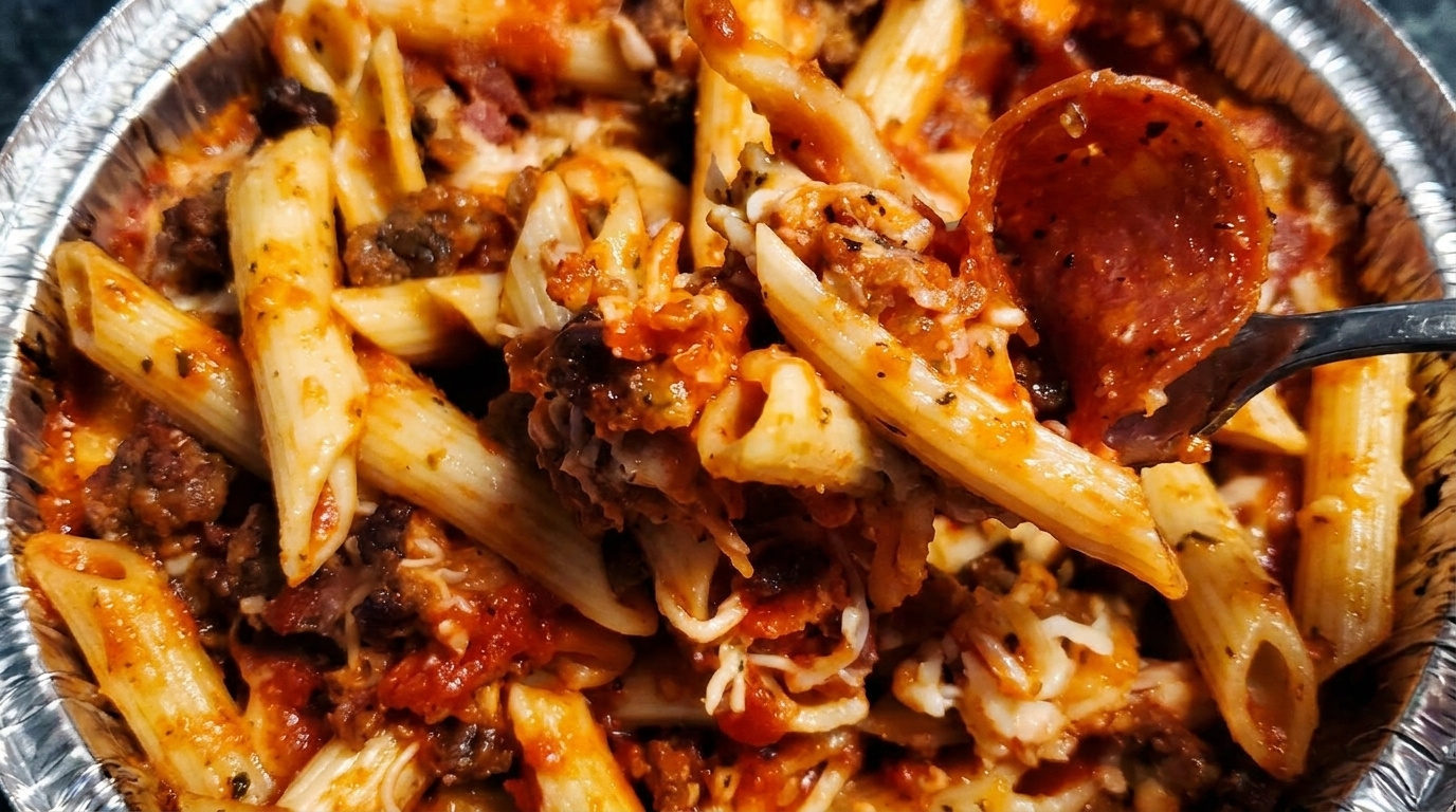 Close-up of baked penne pasta with meat sauce, melted cheese, and pepperoni in a foil container.