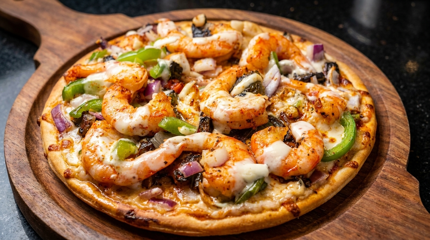 Shrimp pizza with green bell peppers, red onions, and melted cheese on a wooden serving board.