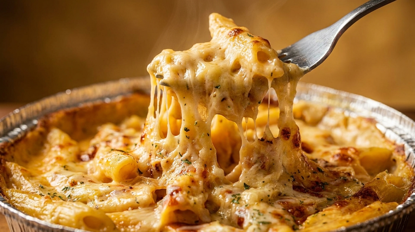 Fork lifting cheesy, baked penne pasta from a foil container, with cheese stretching and steam rising.