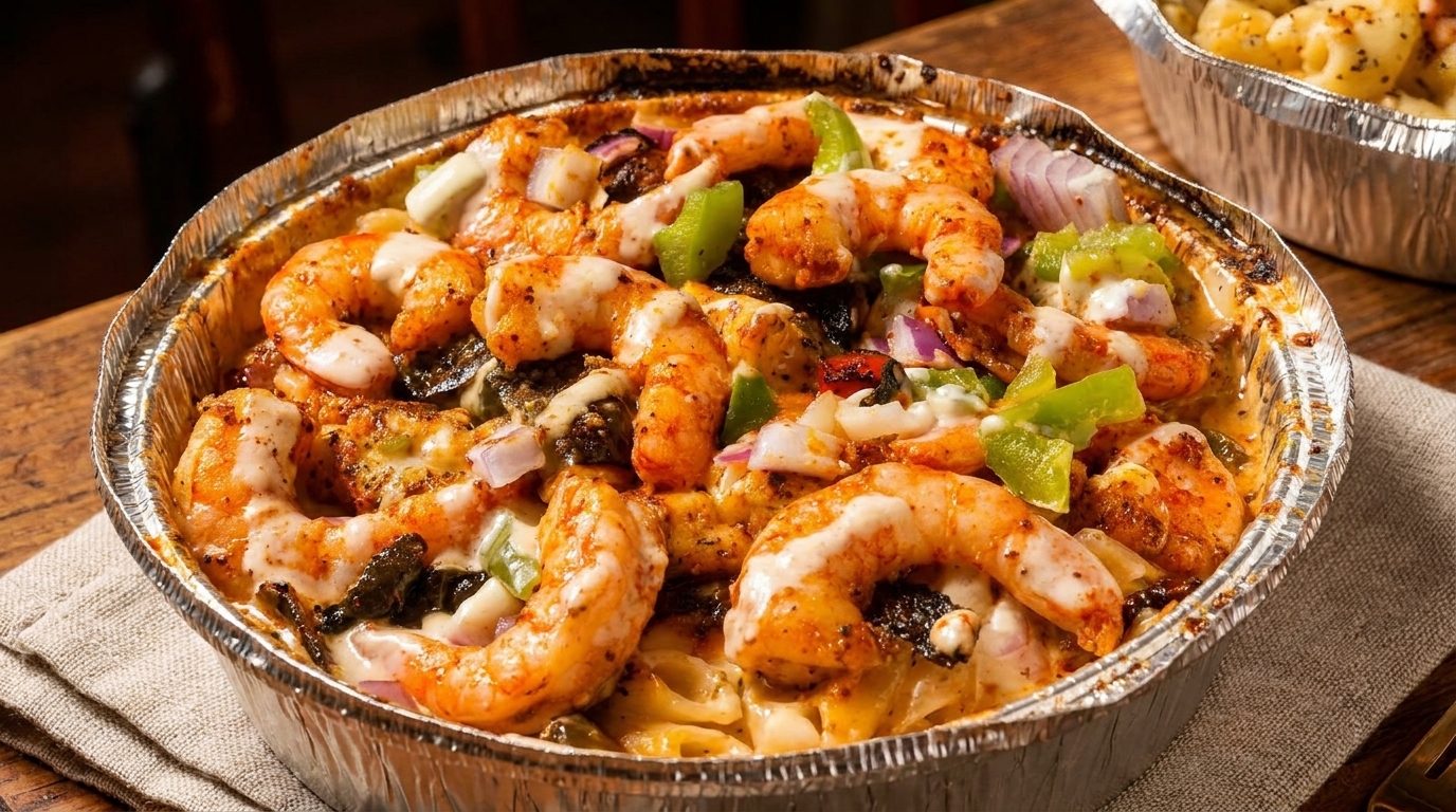 Shrimp pasta with green peppers, red onions, and creamy sauce in a foil takeout container.