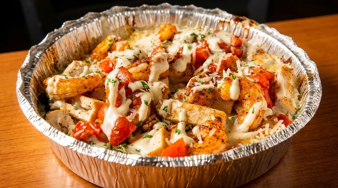 Shrimp and chicken pasta with tomatoes and white sauce in a foil takeout container.