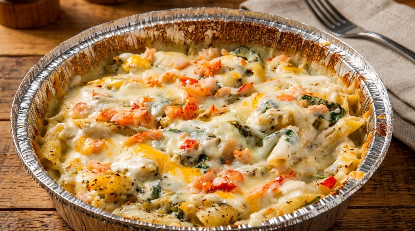 Baked pasta with shrimp, spinach, and melted cheese in an aluminum foil pan on a wooden table.