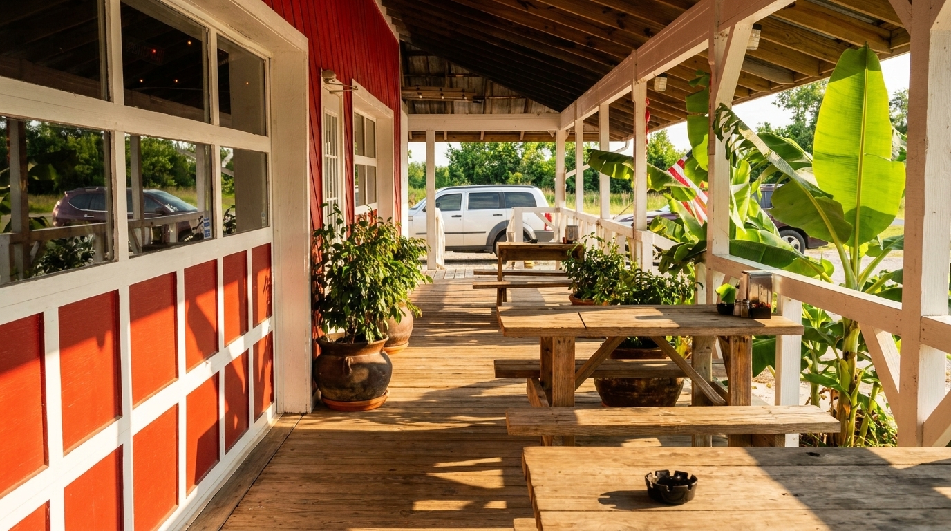 A rustic red and white building with a wooden porch, picnic tables, and potted plants.