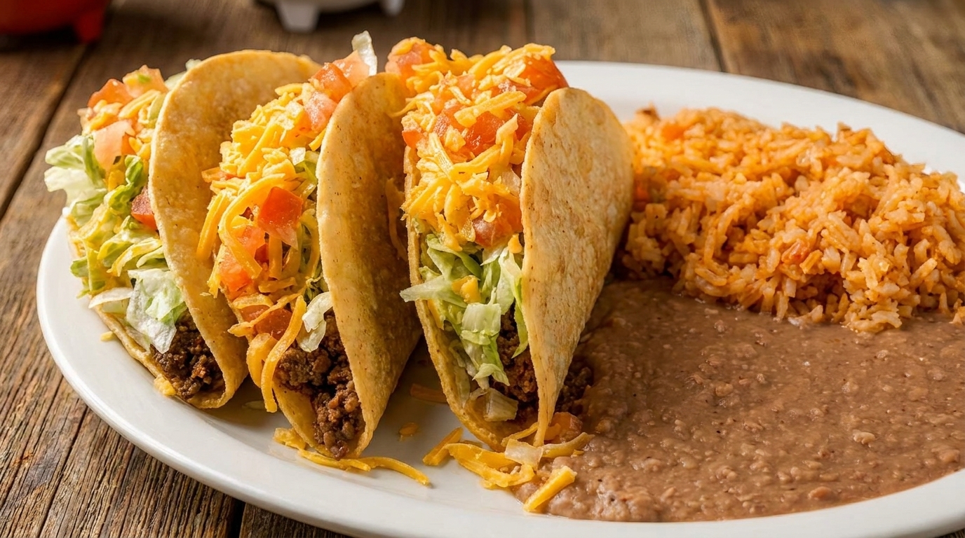 Three hard-shell tacos with ground beef, lettuce, tomatoes, and cheese, served with rice and refried beans.