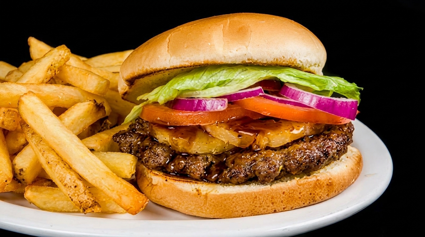 Gourmet burger with pineapple, lettuce, tomato, and red onion, served with a side of fries.