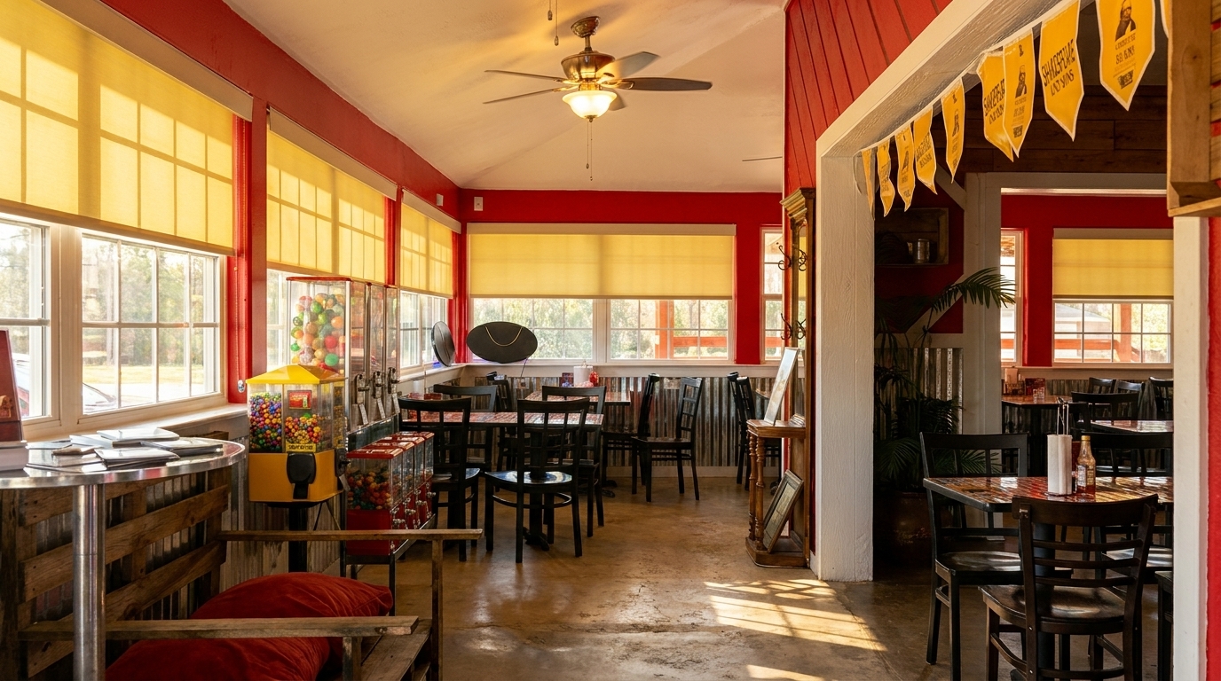 Brightly lit restaurant interior with red walls, yellow window shades, dark tables, and gumball machines.