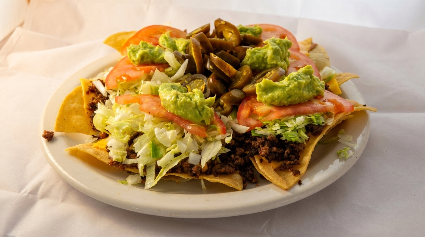 A plate of nachos with ground beef, cheese, lettuce, tomatoes, guacamole, and jalapeños.