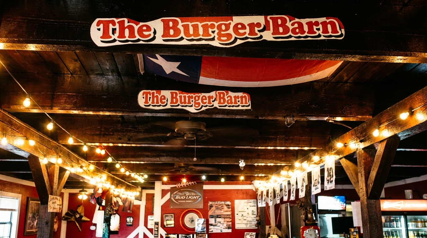 The Burger Barn restaurant interior with string lights, a Texas flag, and red walls.