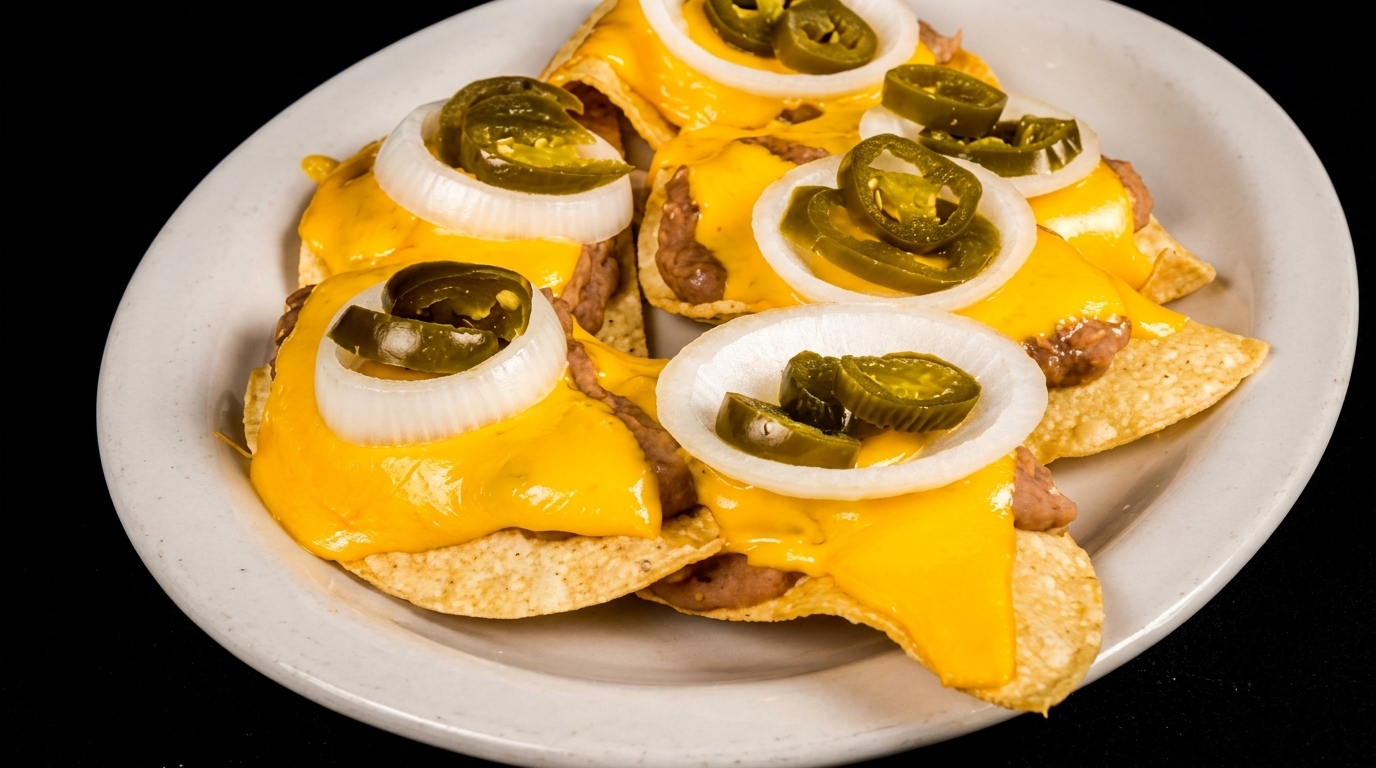 A white plate holds nachos topped with melted cheese, refried beans, sliced onions, and jalapeños.