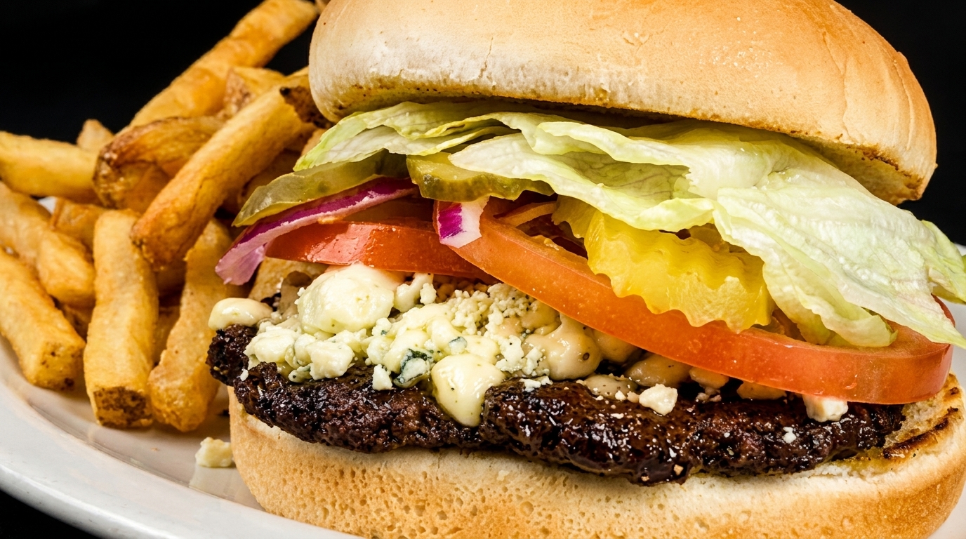 Close-up of a burger with blue cheese, lettuce, tomato, and pickles, served with fries.