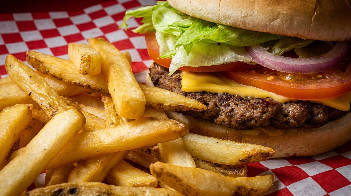A cheeseburger with lettuce, tomato, and onion, served with a pile of golden french fries.
