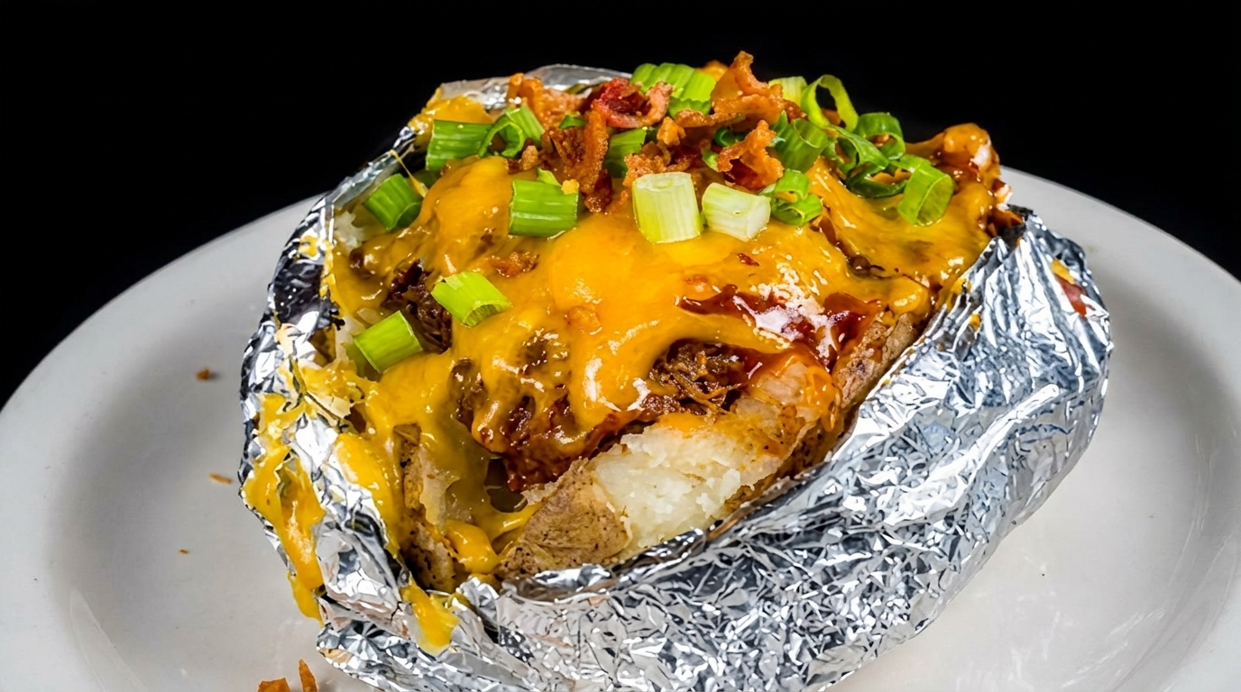 Baked potato topped with melted cheese, pulled pork, bacon bits, and green onions, served in foil.