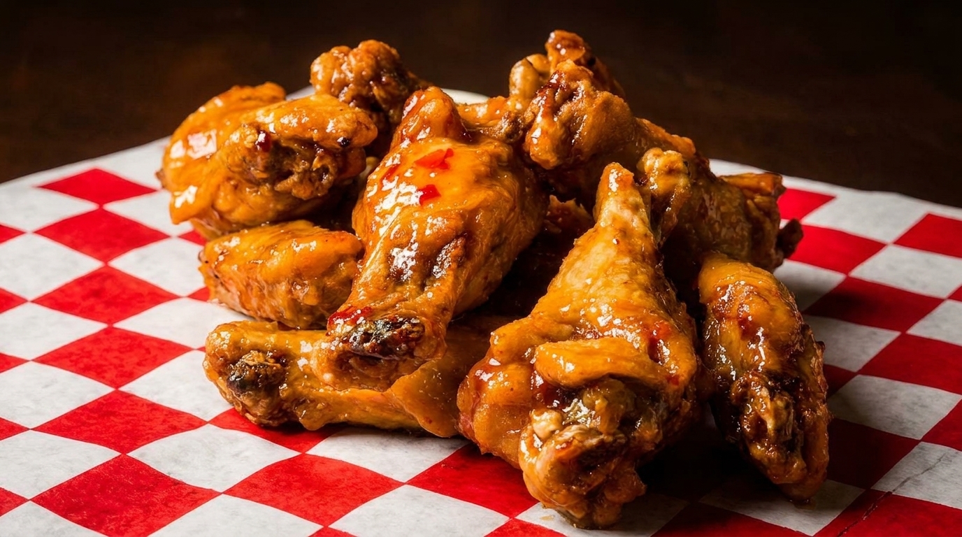 Pile of glossy, orange-glazed chicken wings with red chili flakes on red and white checkered paper.