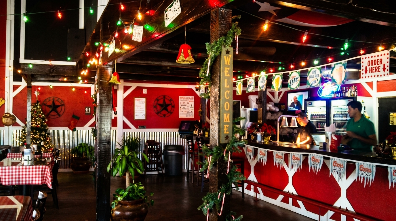 A festive restaurant interior with red walls, string lights, Christmas decorations, and a bar area.
