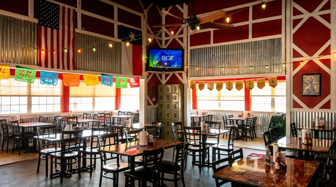 Spacious restaurant interior with red walls, corrugated metal, string lights, flags, and many empty tables.