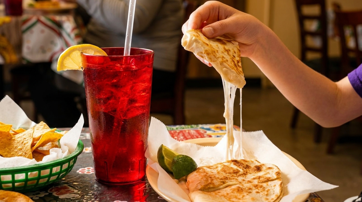 A hand pulls a cheesy quesadilla, stretching the cheese, next to a red drink and chips.