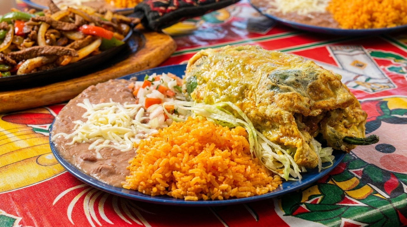 A chile relleno with rice, beans, and pico de gallo, with fajitas in the background.