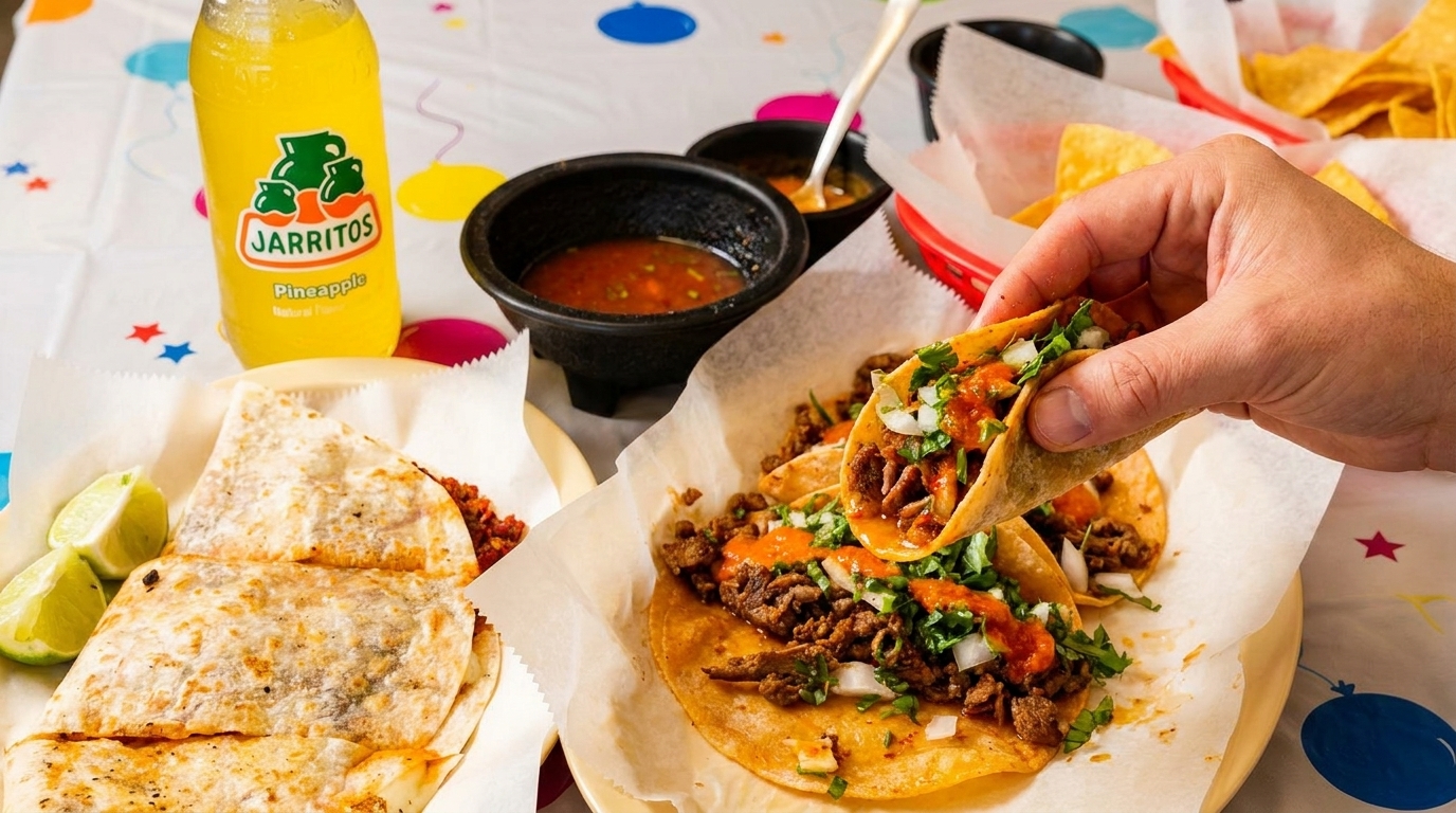 A hand holds a taco filled with meat, cilantro, and sauce, alongside quesadillas and a Jarritos.
