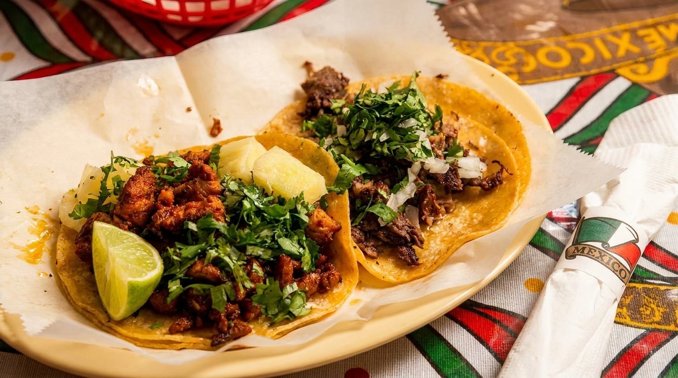 Two delicious tacos, one with pineapple and the other with onions, on a yellow plate.
