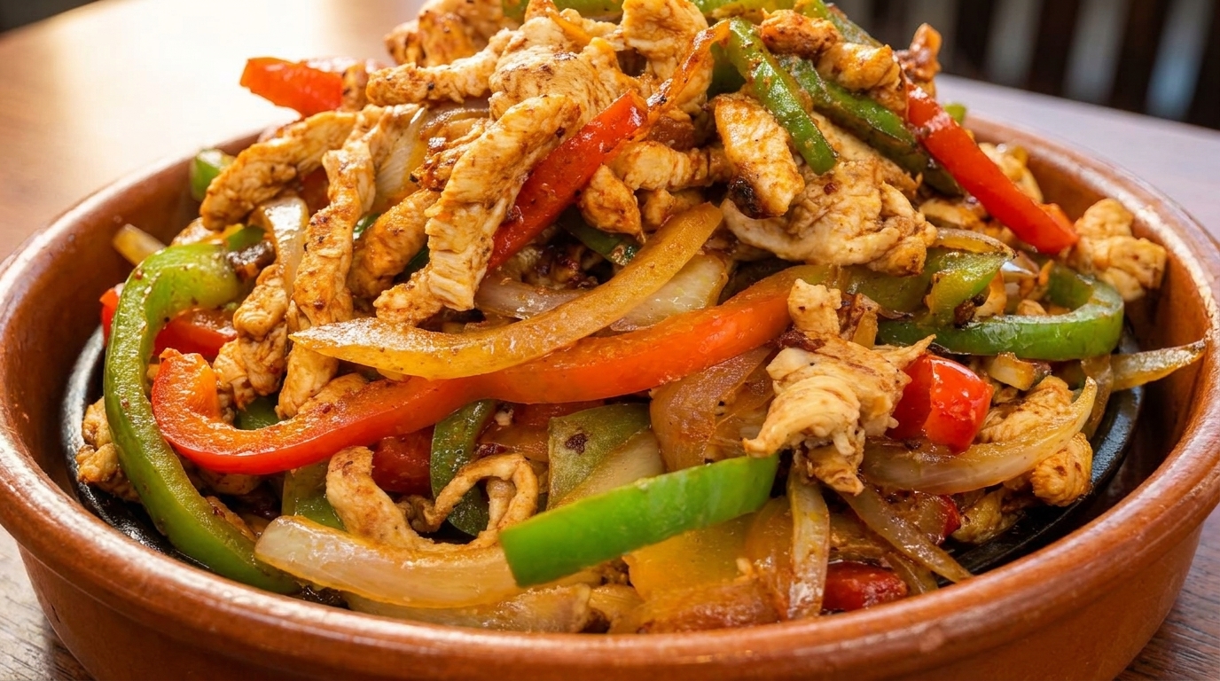 Sizzling chicken fajitas with colorful bell peppers and onions in a rustic brown skillet.