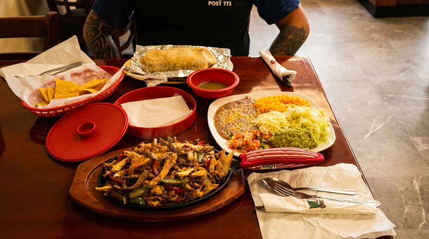 A table laden with Mexican dishes, including fajitas, a burrito, rice, beans, guacamole, and chips.