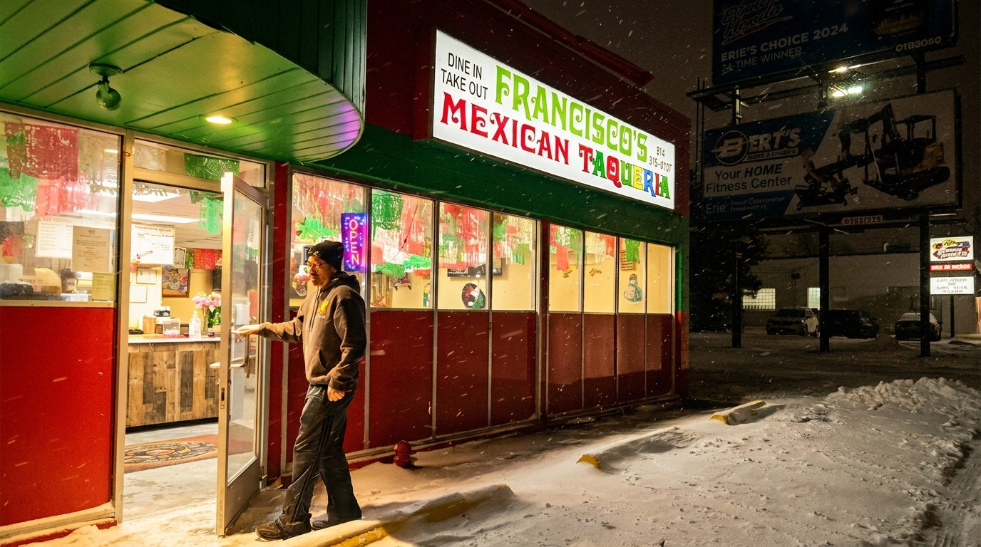 Man entering Francisco's Mexican Taqueria at night, with snow falling and covering the ground.
