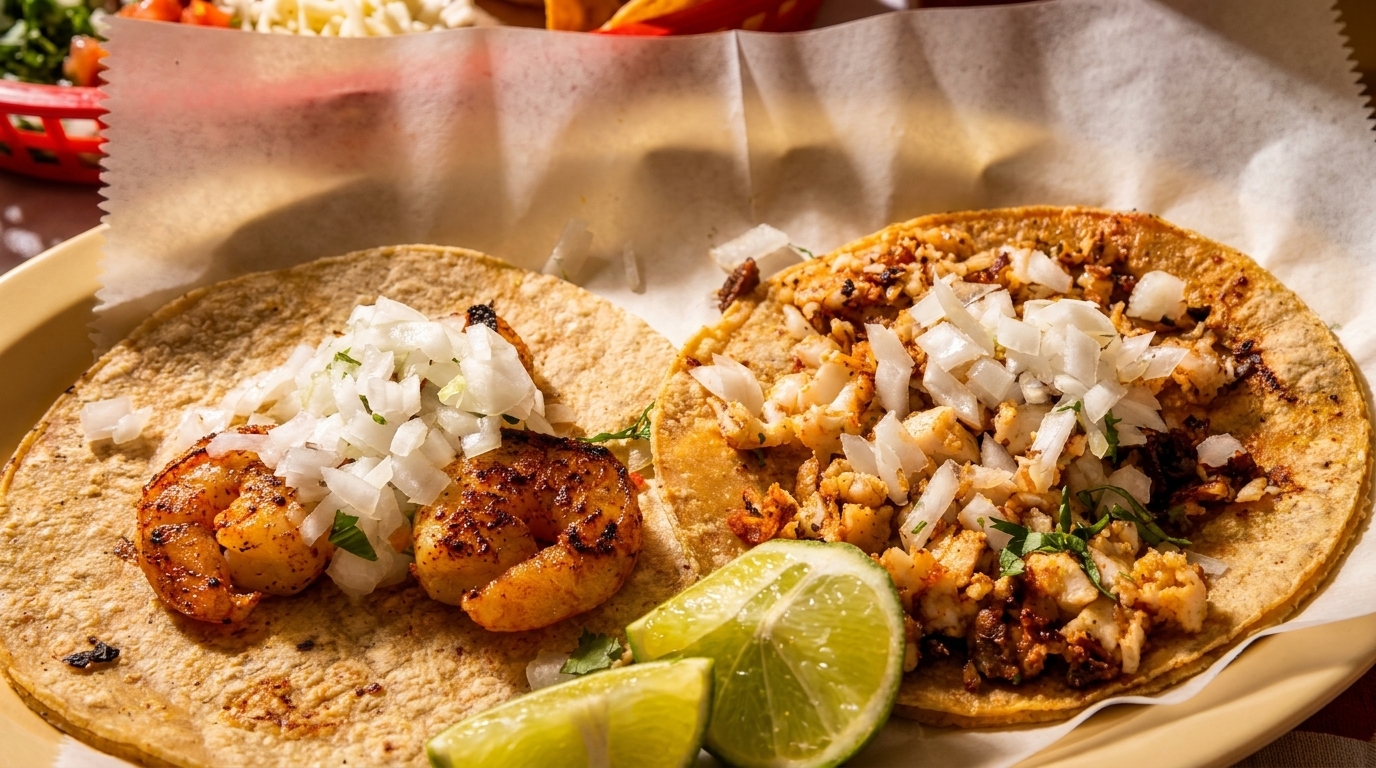 Two tacos, one shrimp and one fish, topped with diced onions and cilantro, with lime wedges.