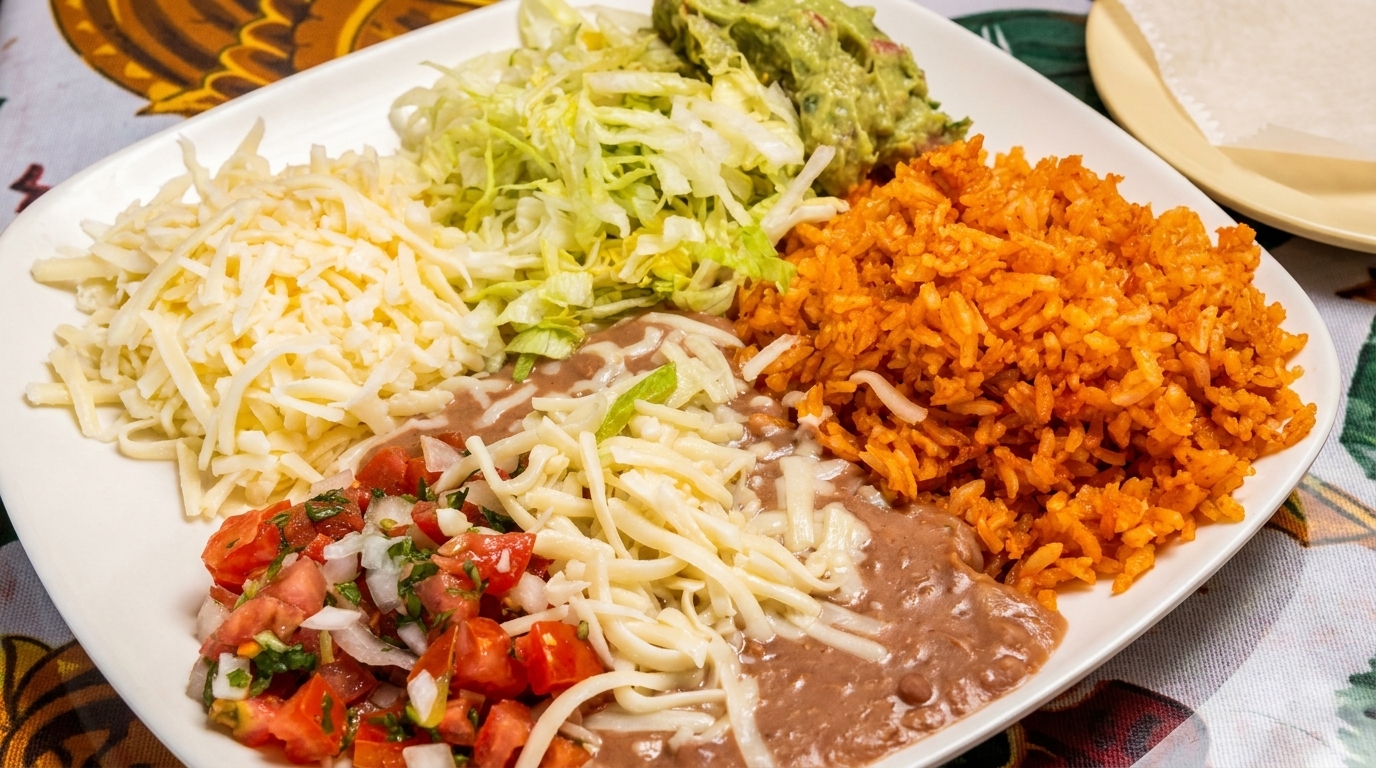 A white plate with Mexican food including rice, beans, guacamole, shredded cheese, lettuce, and pico de gallo.