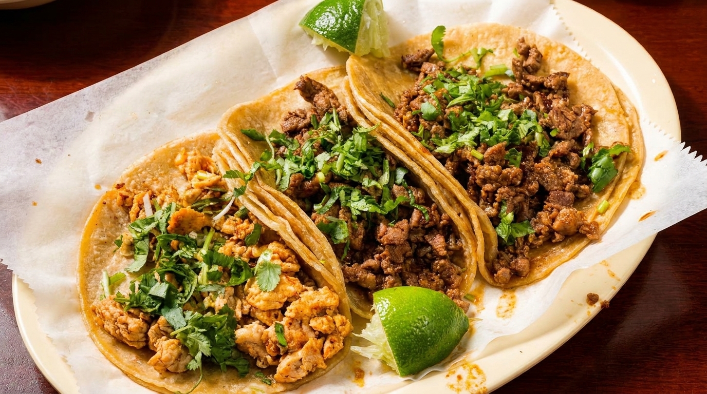 Three tacos, two with beef and one with chicken, garnished with cilantro and lime wedges.