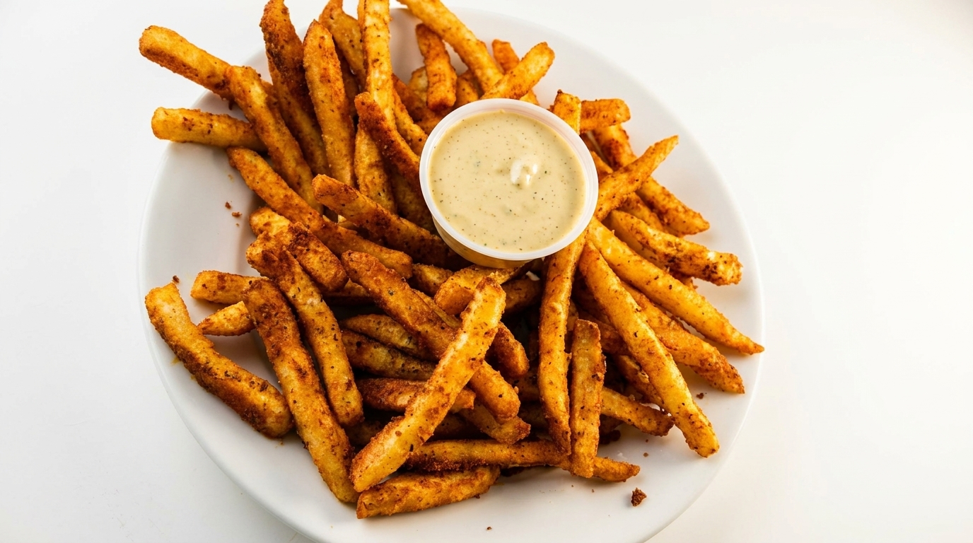 A white plate piled high with seasoned french fries and a small cup of dipping sauce.