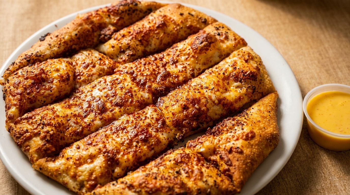 Cheesy breadsticks with seasoning on a white plate, with a side of dipping sauce.