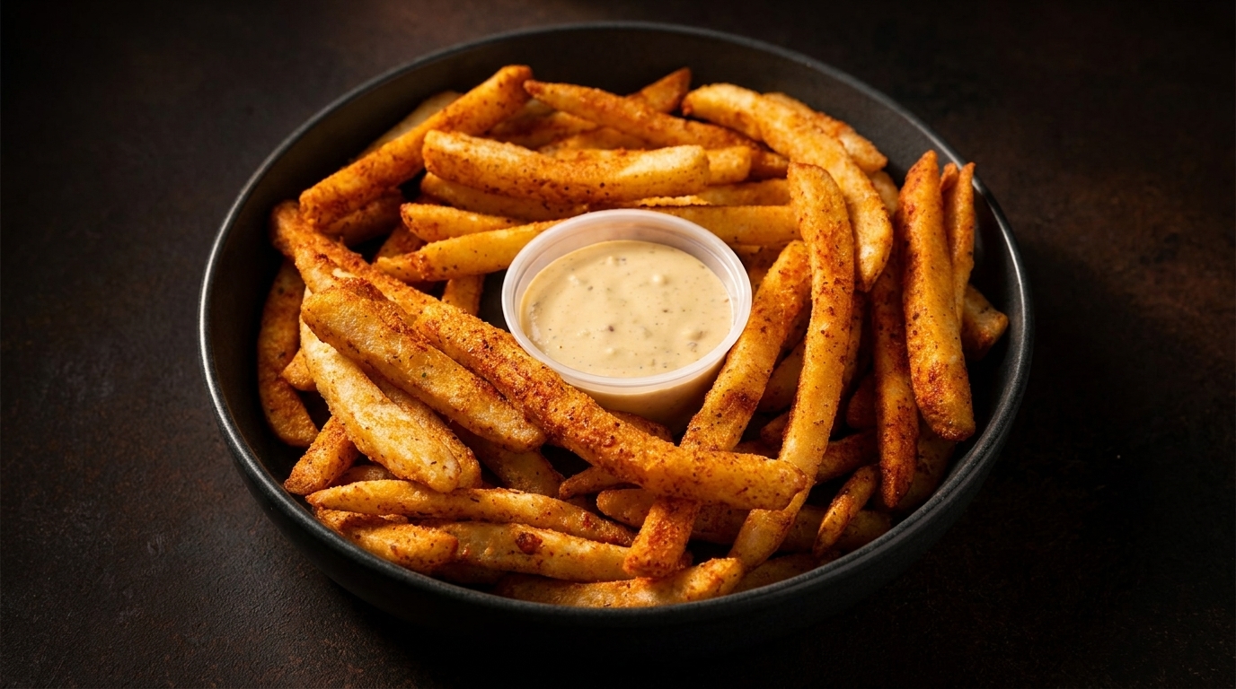 A black bowl filled with seasoned french fries and a small cup of dipping sauce.