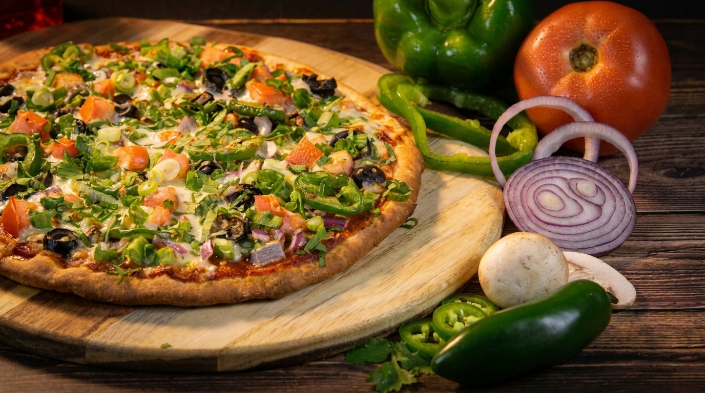 Vegetable pizza on a wooden board with fresh bell peppers, tomatoes, onions, mushrooms, and jalapeños.
