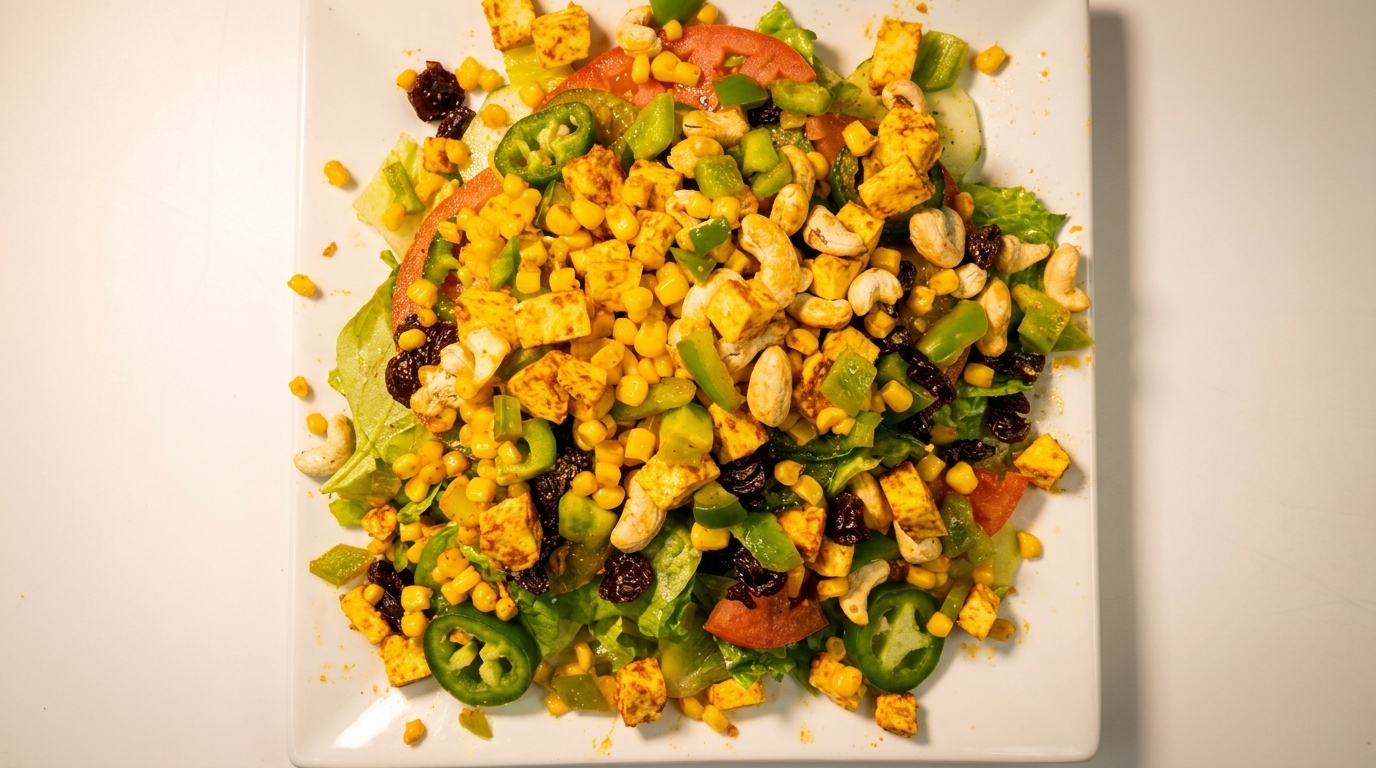 Overhead view of a colorful salad with paneer, corn, cashews, peppers, and greens.